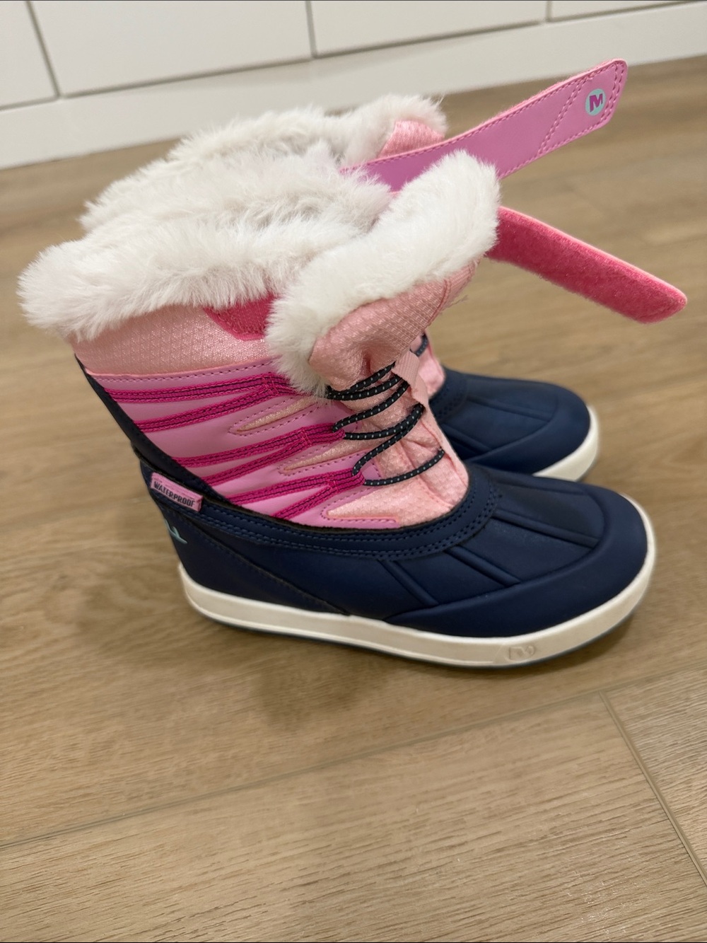 Kids Waterproof Snow Boots with Faux Fur - Pink and Navy